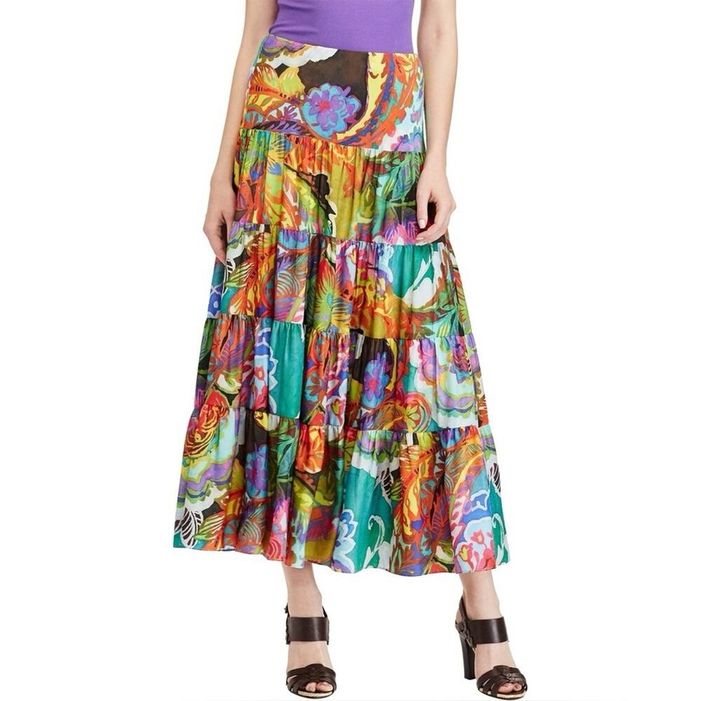 Lauren Ralph Lauren Moriah Tiered Multicolor Floral Pull On Maxi Skirt XL